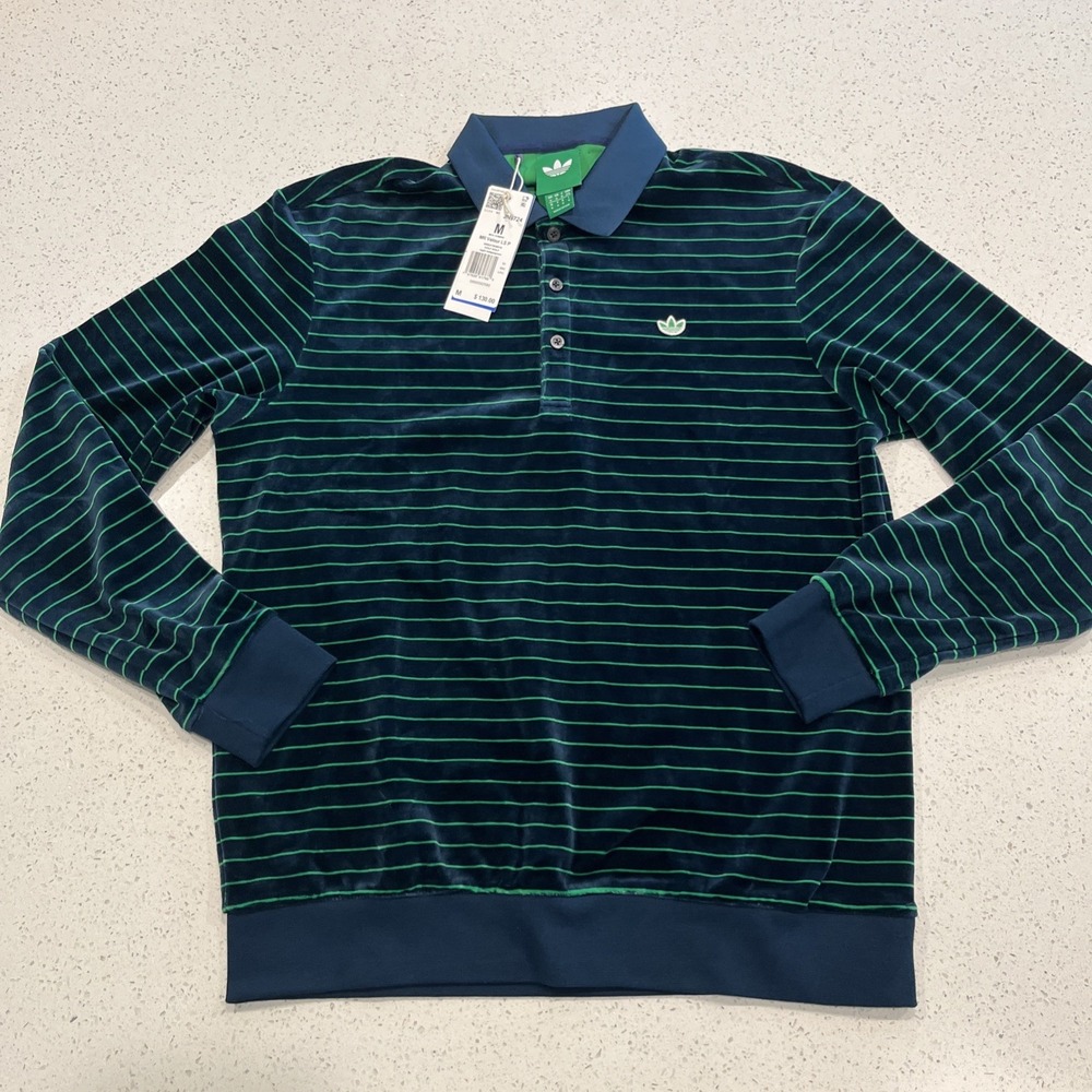 Adidas Originals Velour Long Sleeve Polo Shirt NWT Medium JN9724 Logo Trefoil
